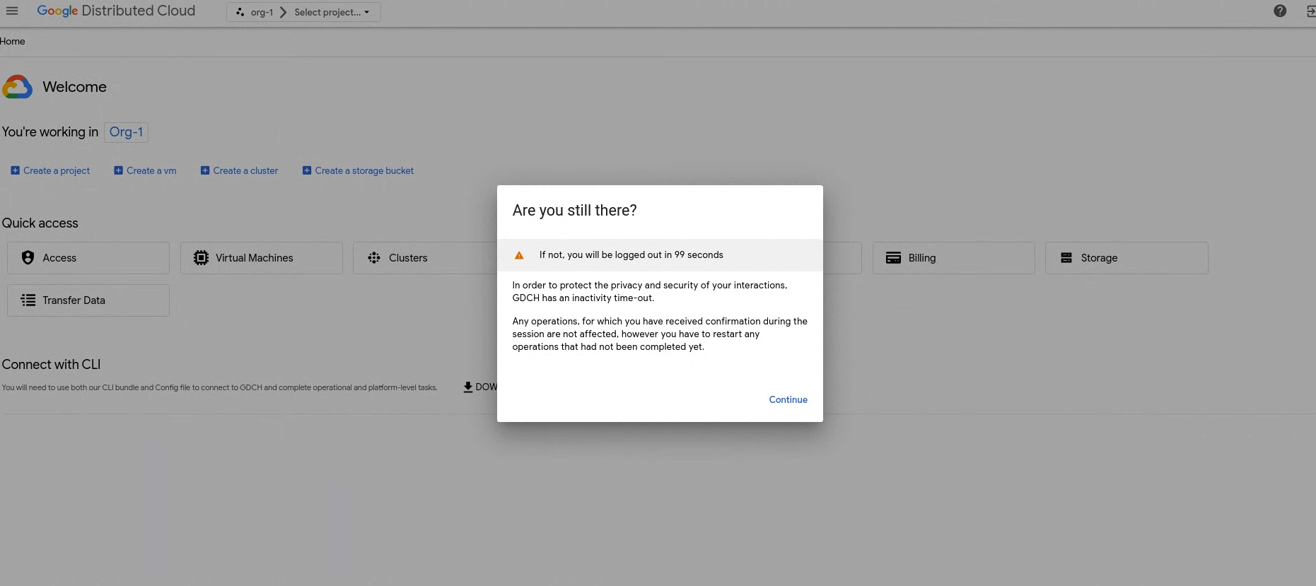 控制台界面显示了一个对话框,其中包含一个计时器,显示在因用户无活动而注销用户之前还剩 99 秒。