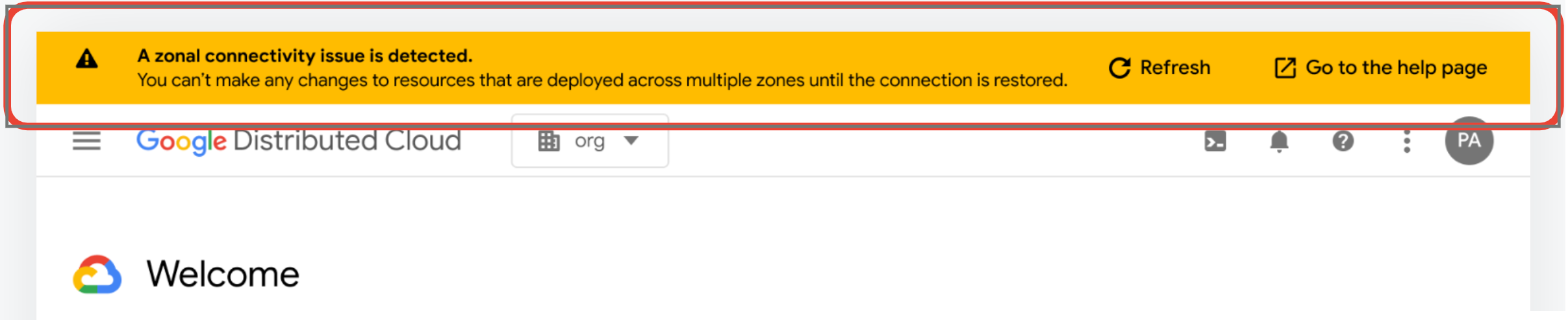 The GDC console displays a banner indicating that a zonal connectivity issue is detected.