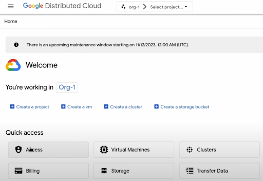 Interface utilisateur de la console GDC Sandbox affichant la page de destination