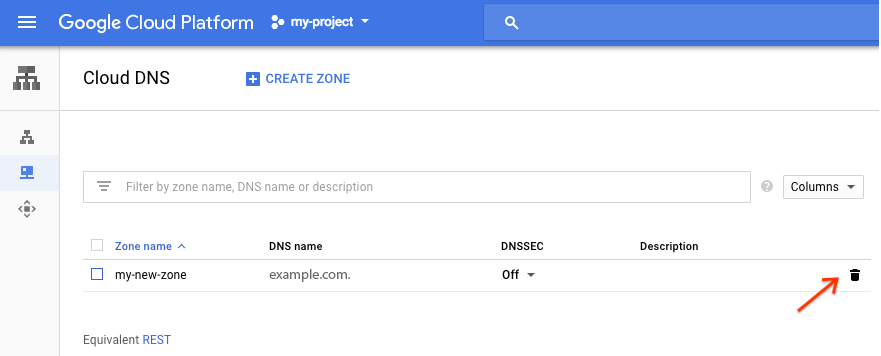 Screenshot of the Cloud DNS zones page highlighting a Trash icon on the right of a zone entry.