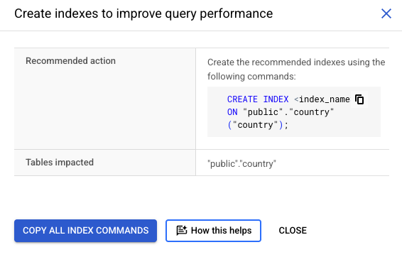 Fenêtre d&#39;insight et de recommandation avec une commande de création d&#39;index à copier.