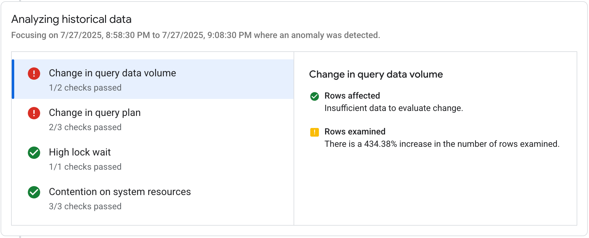慢速查詢的分析結果,包括情況和證據
