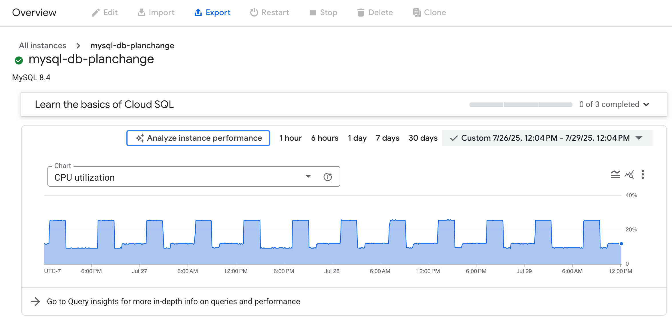 Grafico del rendimento del database nella pagina Panoramica che mostra l&#39;utilizzo della CPU
    in un periodo di 24 ore e un&#39;opzione per analizzare il rendimento dell&#39;istanza.