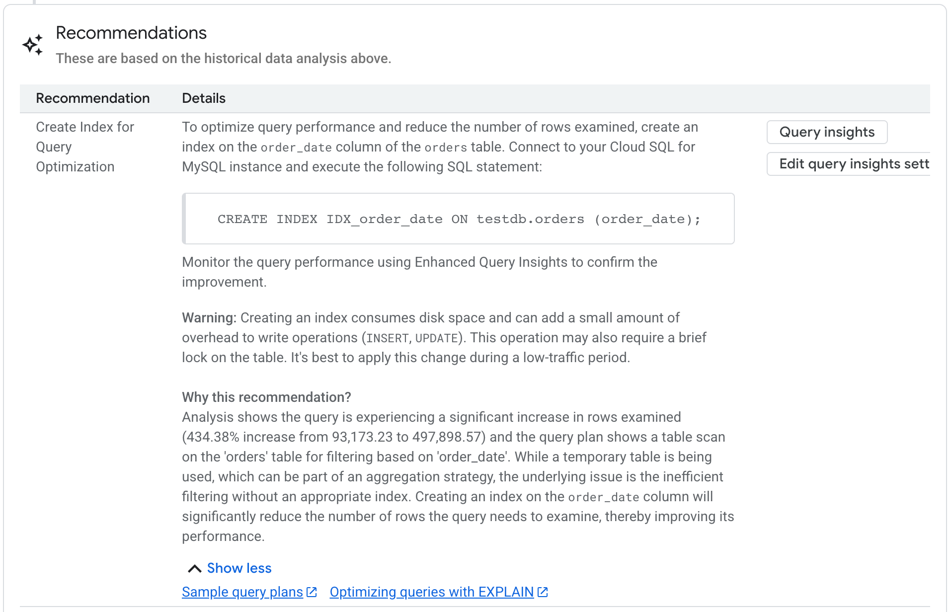 Son recomendaciones para las consultas lentas de MySQL, incluidos vínculos a la documentación.