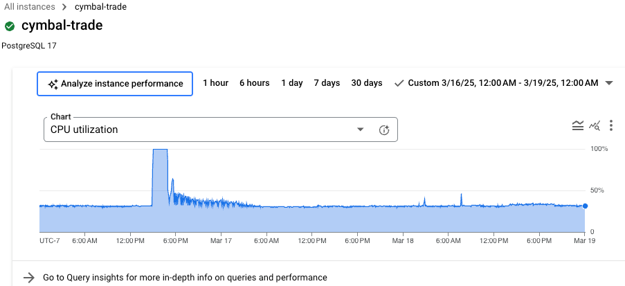 概要ページのデータベース パフォーマンス グラフ。24 時間の CPU 使用率とデータベース パフォーマンスの分析が表示されます。
