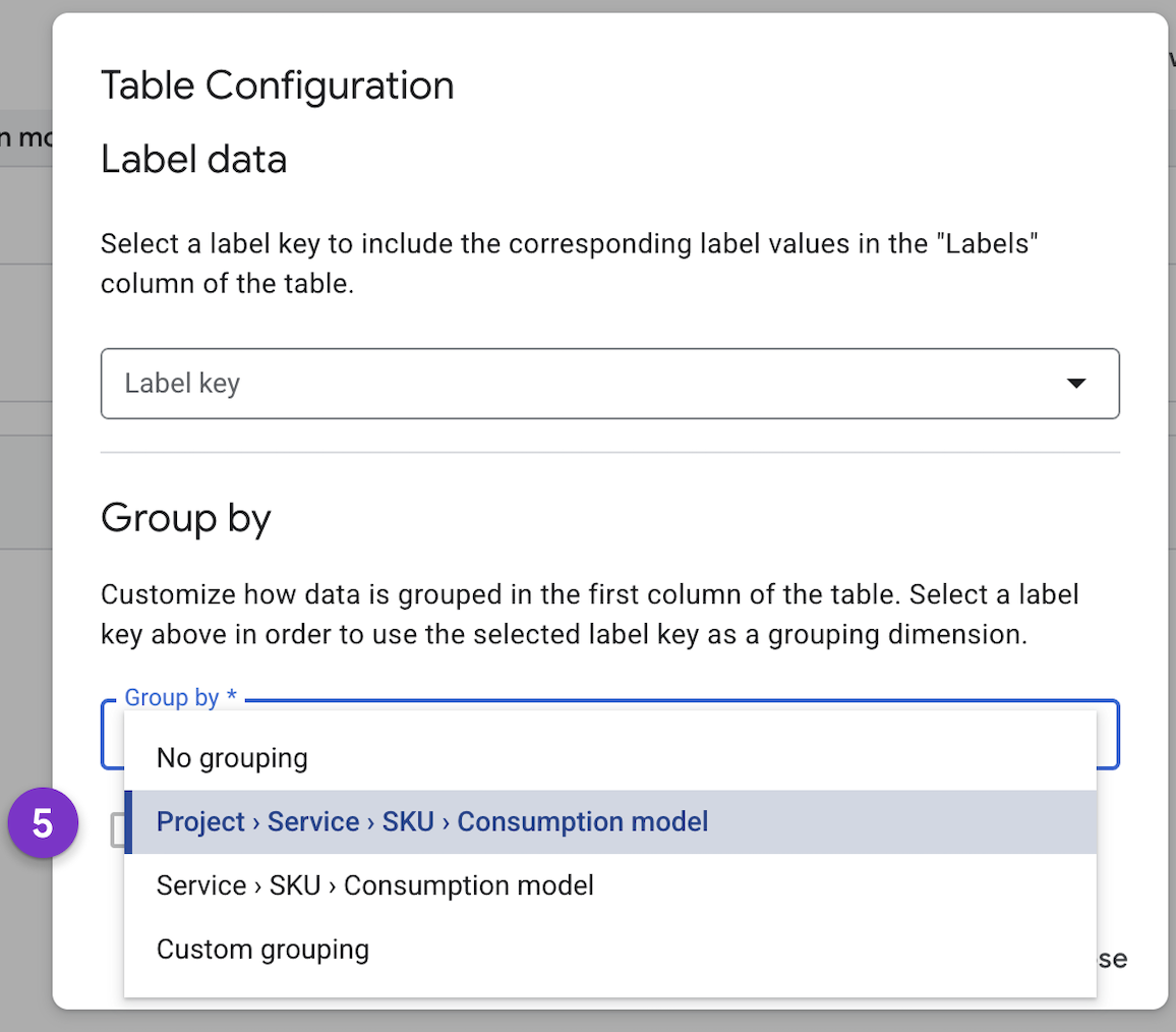 Captura de pantalla de los ajustes de configuración de la tabla de costes.
