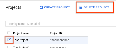 After selecting the checkbox next to the project name, click
    Delete project