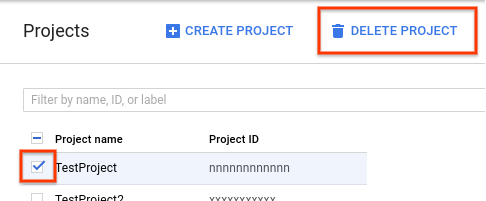 Klicken Sie auf das Kästchen neben dem Projektnamen und dann auf "Delete project" (Projekt löschen).