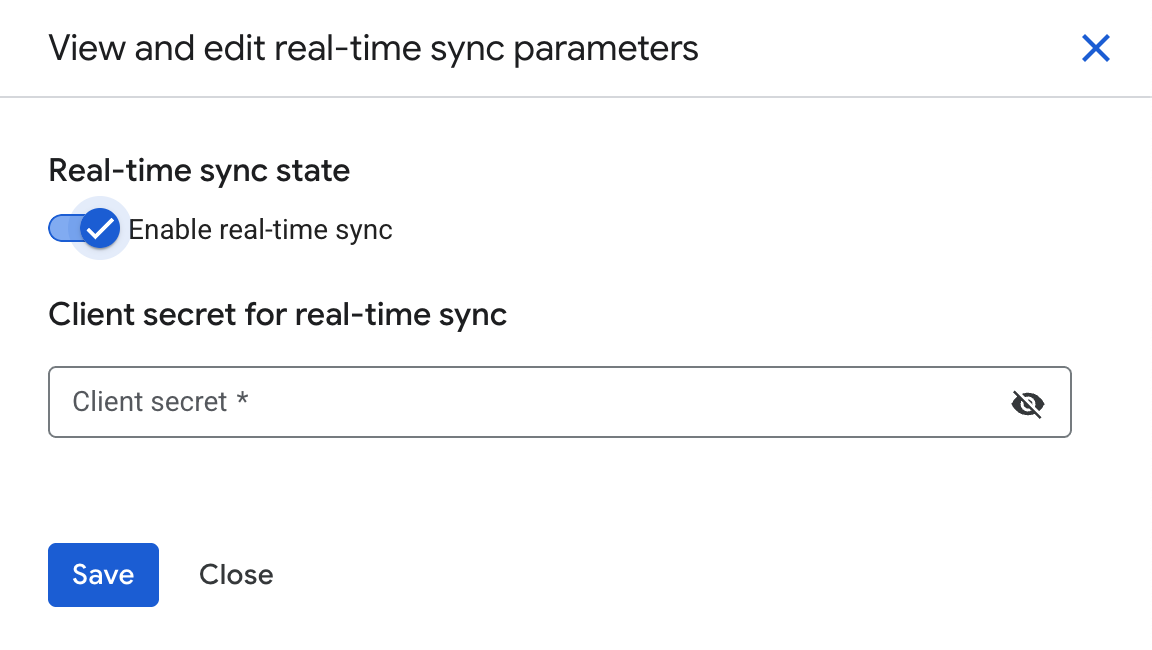 Activer la synchronisation en temps réel et fournir un code secret du client