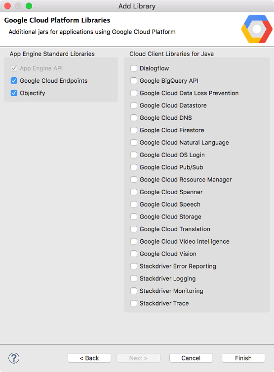 Dialog Add Library di Eclipse, yang menampilkan Library Standar App Engine dan Library Klien Cloud untuk Java yang tersedia.