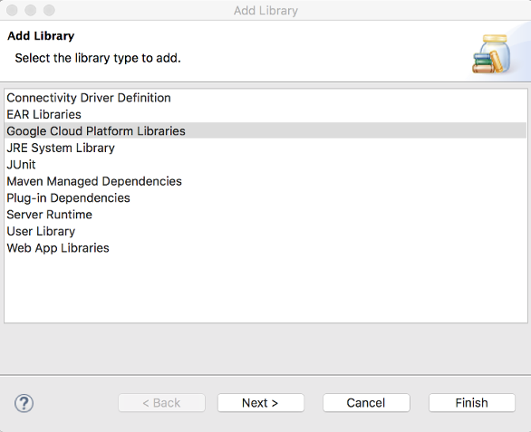 Add Library dialog in Eclipse, with Google Cloud Platform Libraries highlighted on a list of library types.