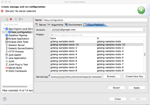 A dialog box to configure run configurations. A new run config
has been created for App Engine Local Server, and the Google Cloud
is open. A field exists for Account, Project, and Service Key. A browse
button is available to select the service key path. The Create New Key,
Revert, Apply, and Run buttons are shown. An account and project are
selected. The Service key field displays the path to the key file.
