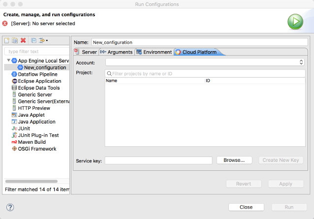 Un cuadro de diálogo para establecer los parámetros de configuración de ejecución. Se creó una configuración nueva de ejecución para el servidor local de App Engine y se abrió la pestaña de Google Cloud. Existe un campo para Cuenta, Proyecto y Clave de servicio. Un botón para explorar está disponible a fin de seleccionar la ruta de la clave de servicio. Se muestran los botones Crear clave nueva, Revertir, Aplicar y Ejecutar, pero están inhabilitados.