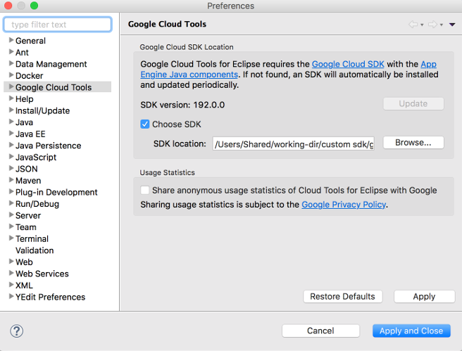 Google Cloud Tools が選択されている [Preferences] ダイアログ。
 このダイアログにはカスタム gcloud CLI を参照するためのフィールドも表示され、[Choose SDK] チェックボックスがオンになっています。