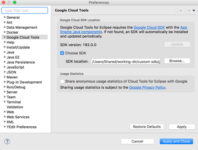 Google Cloud Tools(Google Cloud 도구)가 선택되어 있는 Preferences(환경설정) 대화상자입니다.
 또한 이 대화상자에는 Select SDK(SDK 선택) 체크박스가 선택된 커스텀 gcloud CLI를 탐색하기 위한 필드가 표시됩니다.