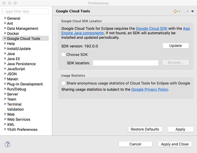 The Preferences dialog with Google Cloud Tools selected. The main area
shows the version number of the gcloud CLI. The dialog also shows a
field for browsing to a custom gcloud CLI, with an unselected
checkbox for choosing a gcloud CLI.