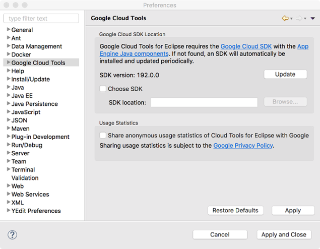 Dialog Preferensi dengan Google Cloud Tools dipilih. Area utama menampilkan nomor versi gcloud CLI. Dialog ini juga menampilkan
kolom untuk menjelajahi gcloud CLI kustom, dengan kotak centang yang tidak dipilih
untuk memilih gcloud CLI.