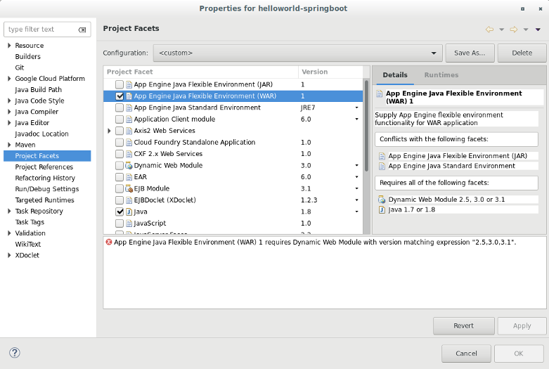 Kotak dialog untuk memilih faset proyek. Alat ini menyediakan daftar faset yang tersedia untuk project. Dalam screenshot, faset Java dan App Engine Java Fleksibel Environment (WAR) dipilih.