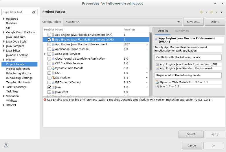 A dialog box to select facets for the project. It provides a list of
 facets available for the project. In the screenshot, the
 App Engine Java Flexible Environment (WAR) and Java facets are
 selected.