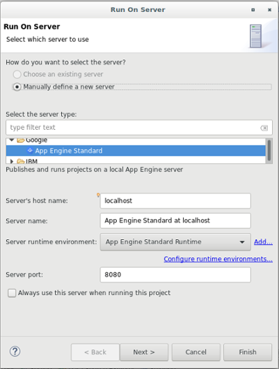 A dialog box to select which server to use when running your app. The
dialog provides a radio button to select an existing server or to manually
enter a new server. It provides an area to select a server type. It also
provides fields to enter the server hostname and server name. It provides a
drop-down menu to select the server runtime environment and a field to
enter the server port.