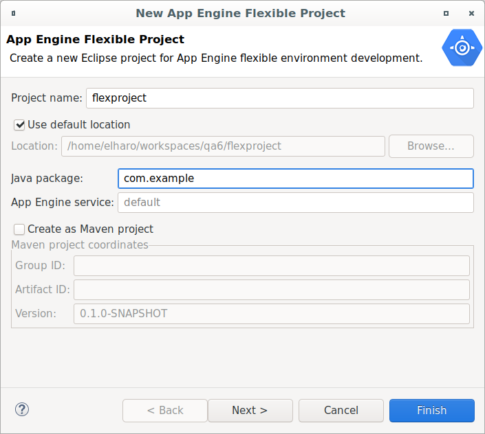 Grafik: Ein Dialogfeld zum Erstellen eines neuen Eclipse-Projekts für die flexible Umgebung. Grafik: Es bietet ein Feld zum Eingeben eines Projektnamens. Grafik: Es umfasst ein Kästchen, um Dateien am Standardspeicherort zu speichern, oder ein Feld zum Eingeben eines neuen Speicherorts.
 Grafik: Es bietet ein Feld zum Eingeben eines Namens für das Java-Paket und für den App Engine-Dienst. Grafik: Es bietet ein Kästchen zum Erstellen des Projekts als Maven-Projekt sowie Felder zum Eingeben der Gruppen-ID, Artefakt-ID und Version.