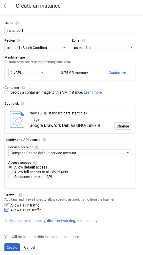 Screenshot jendela pembuatan instance VM dengan opsi wajib yang ditetapkan