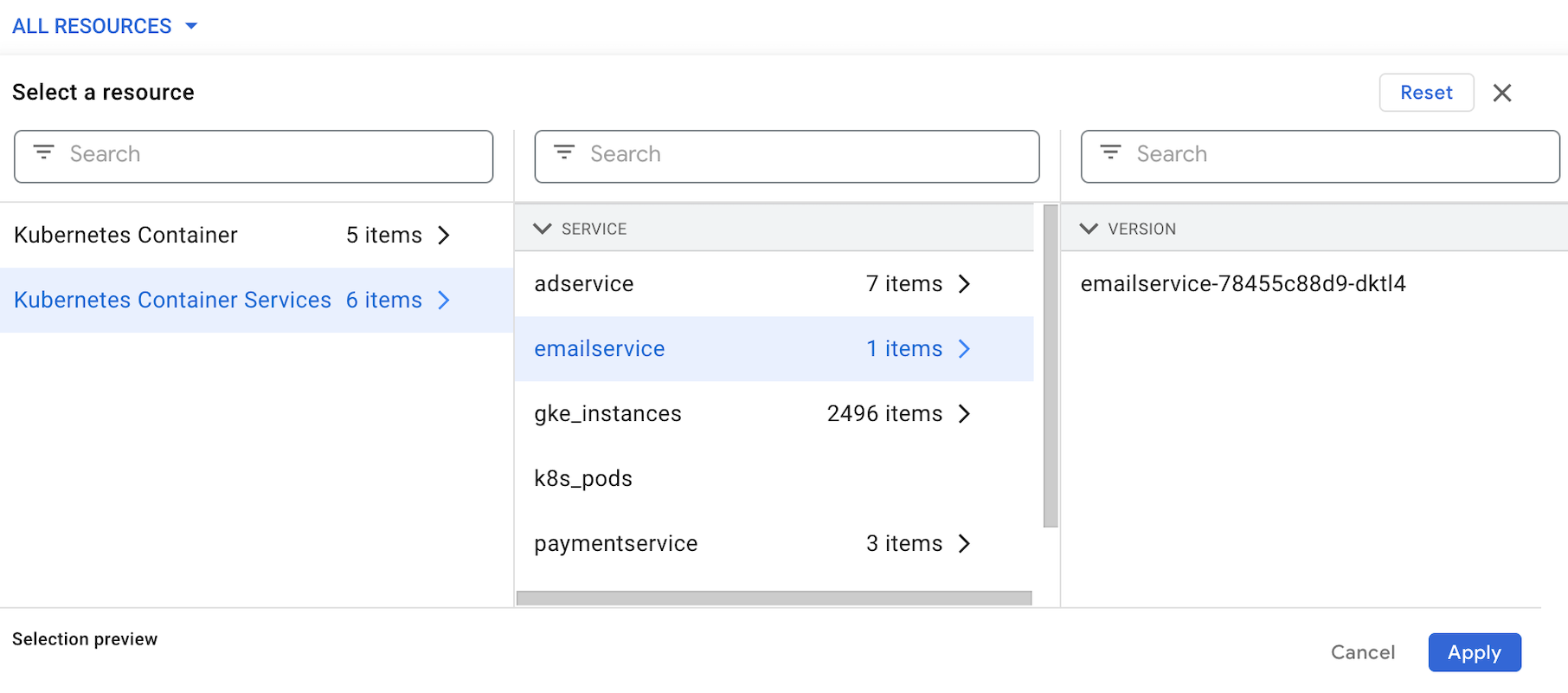 錯誤報告的「Resource」篩選器選單，顯示 Kubernetes 容器服務資源可用的錯誤群組標籤篩選器。