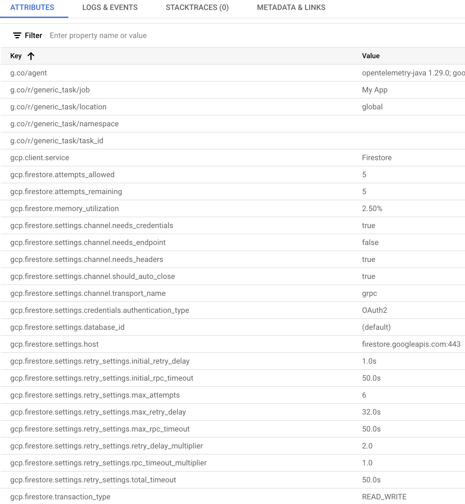 Attributwerte eines in Cloud Trace angezeigten Trace-Spans