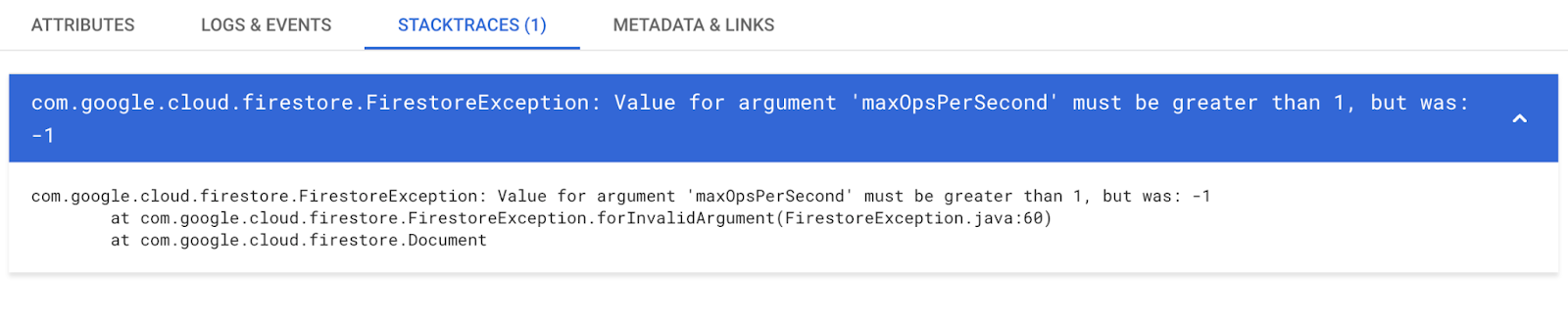 A stack trace viewed from Cloud Trace