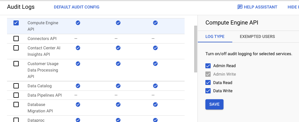 Captura de tela que mostra como ativar os registros de auditoria do Compute Engine