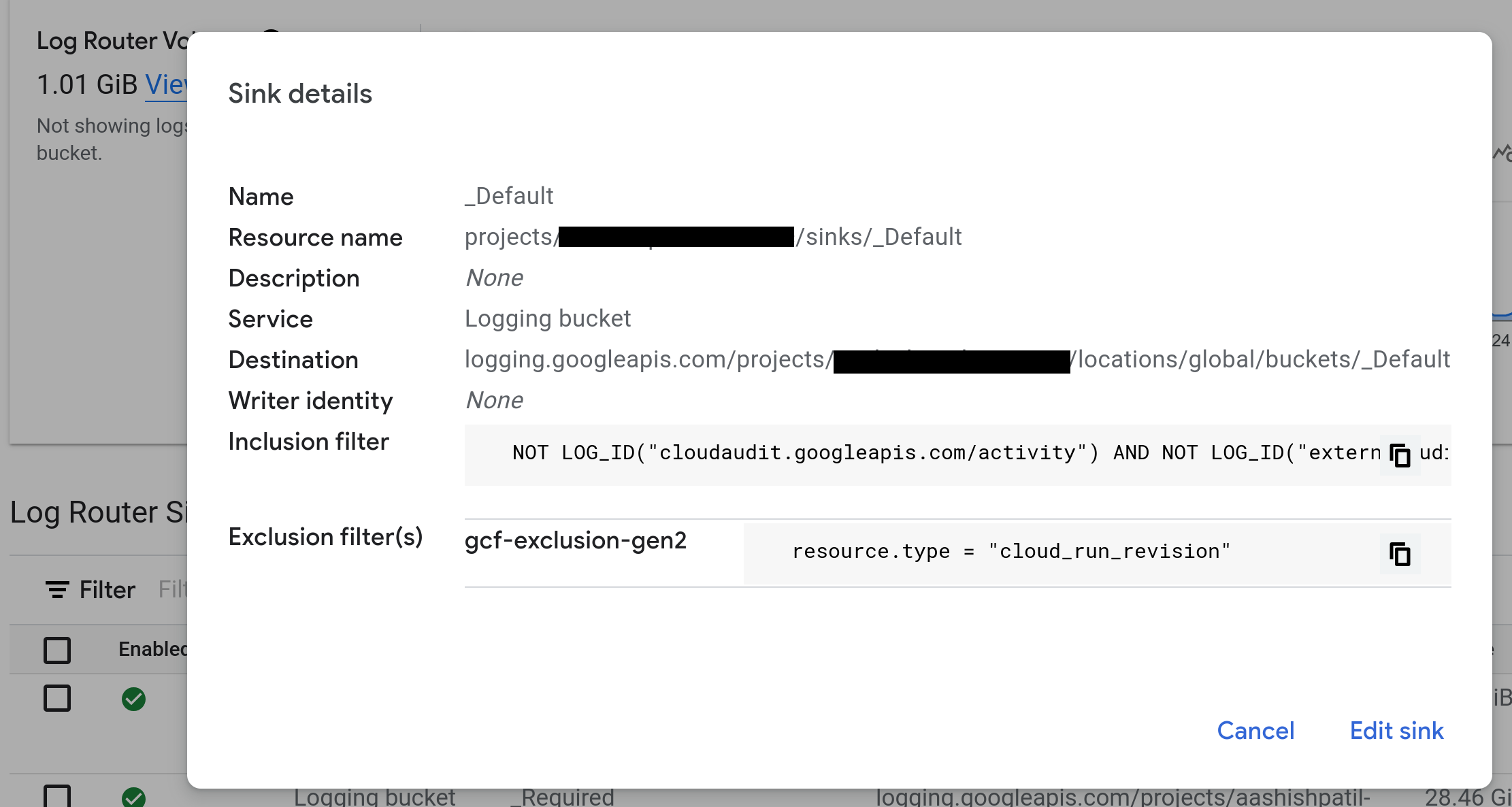 Screenshot del router dei log della console con Visualizza dettagli sink evidenziati