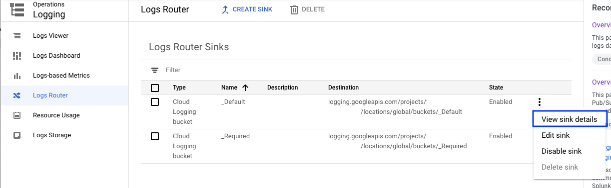 Screenshot del router dei log della console con Visualizza dettagli sink evidenziati