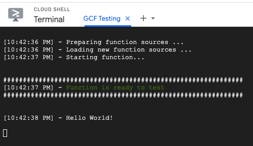 Screenshot che mostra la finestra di output di Cloud Shell