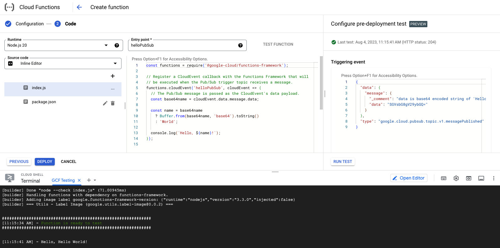 Screenshot che mostra il riquadro di test pre-deployment della funzione