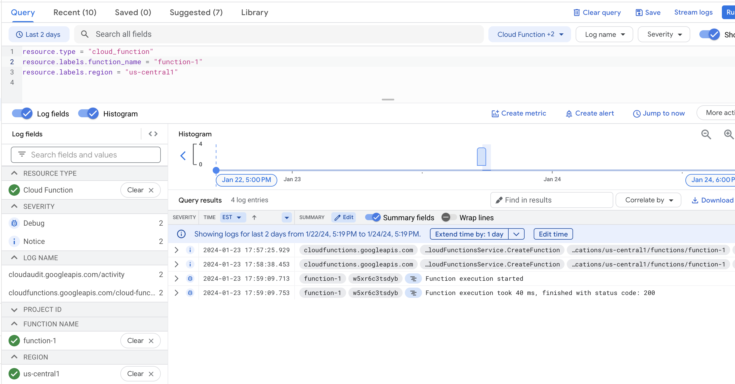 Screenshot showing Logs field with 200 code, indicating success