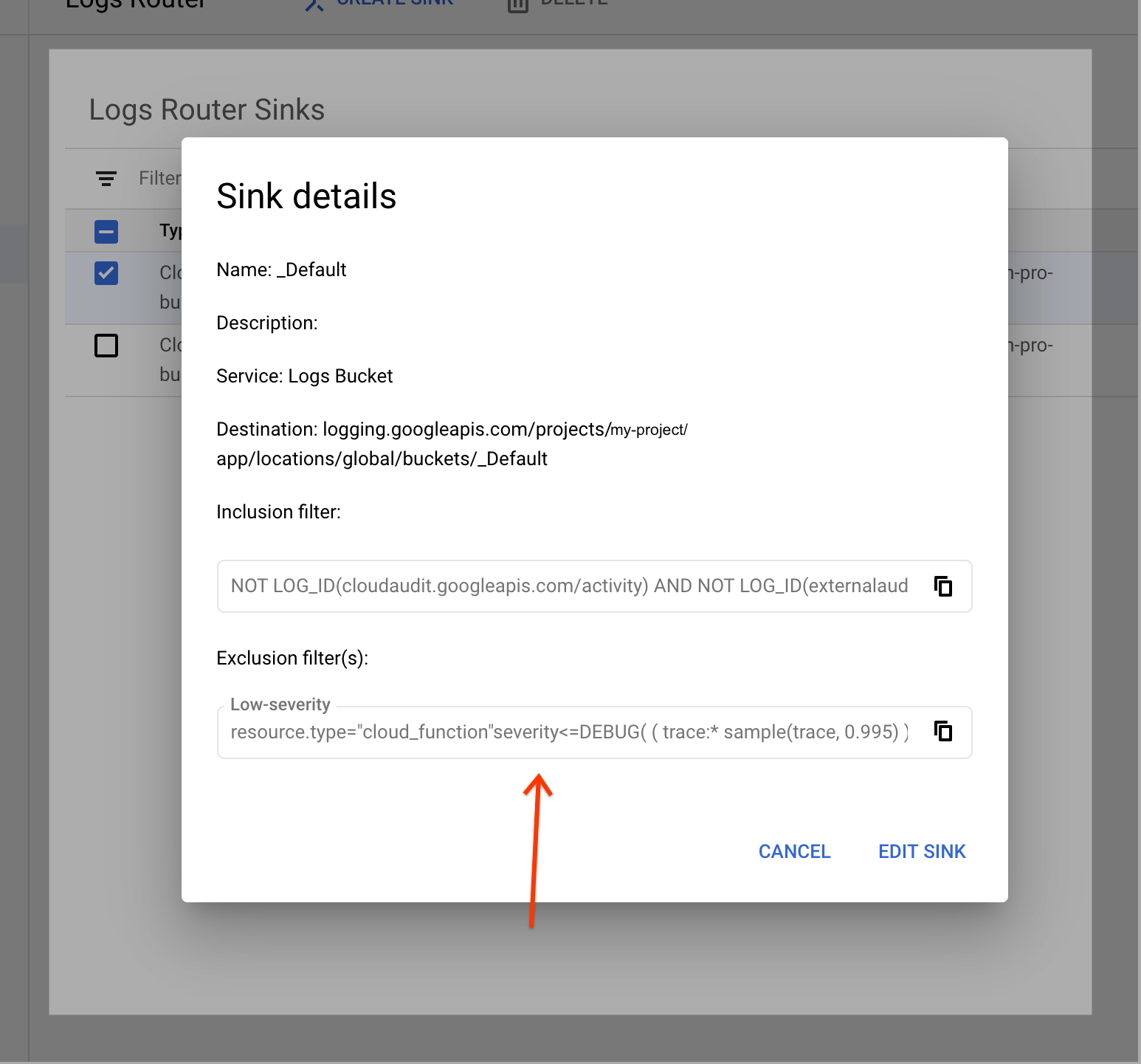 Screenshot of Console Log Router Sink Details popup showing exclusion filter