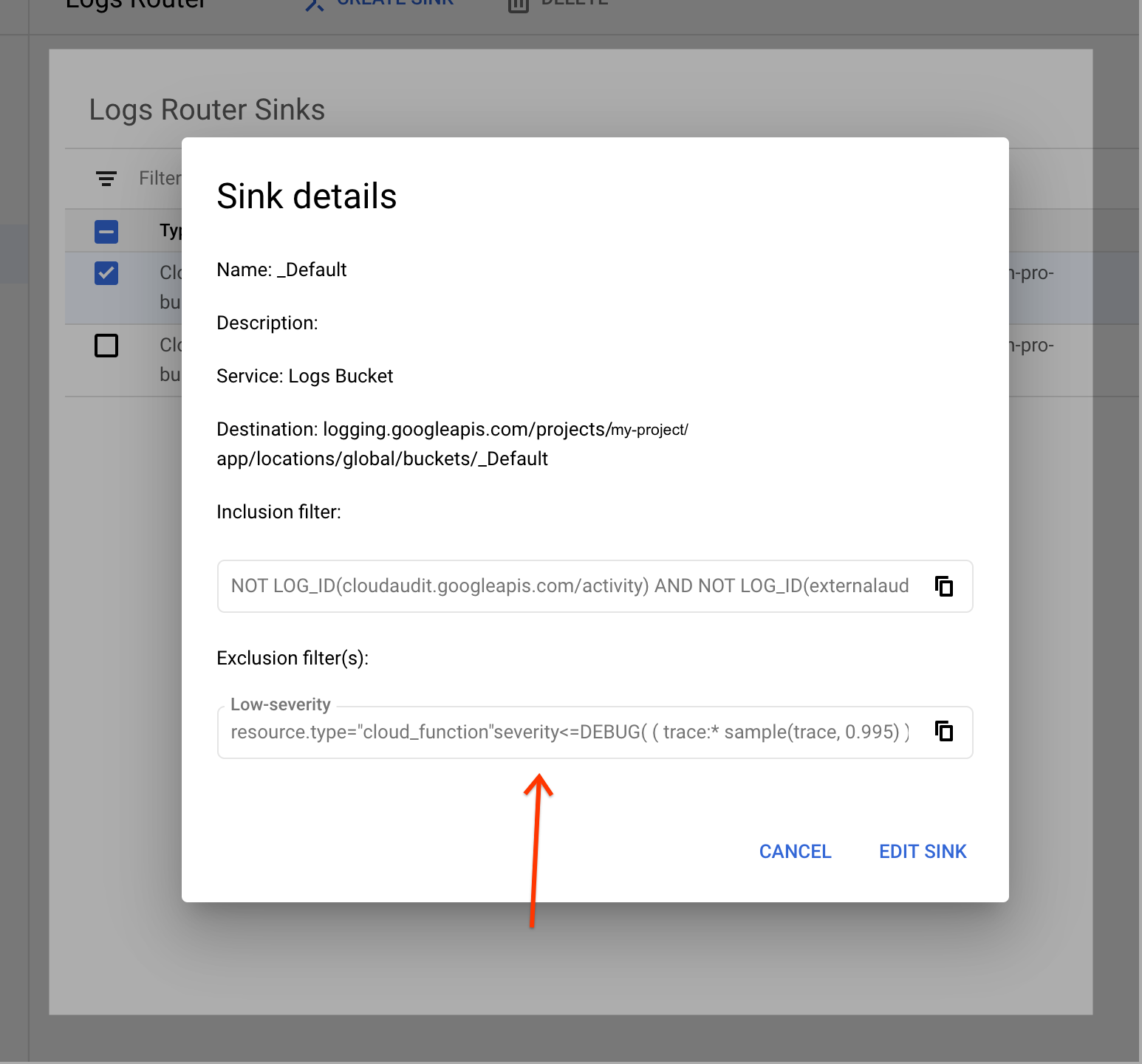 Screenshot dialog Detail Sink Router Log Konsol yang menampilkan filter pengecualian