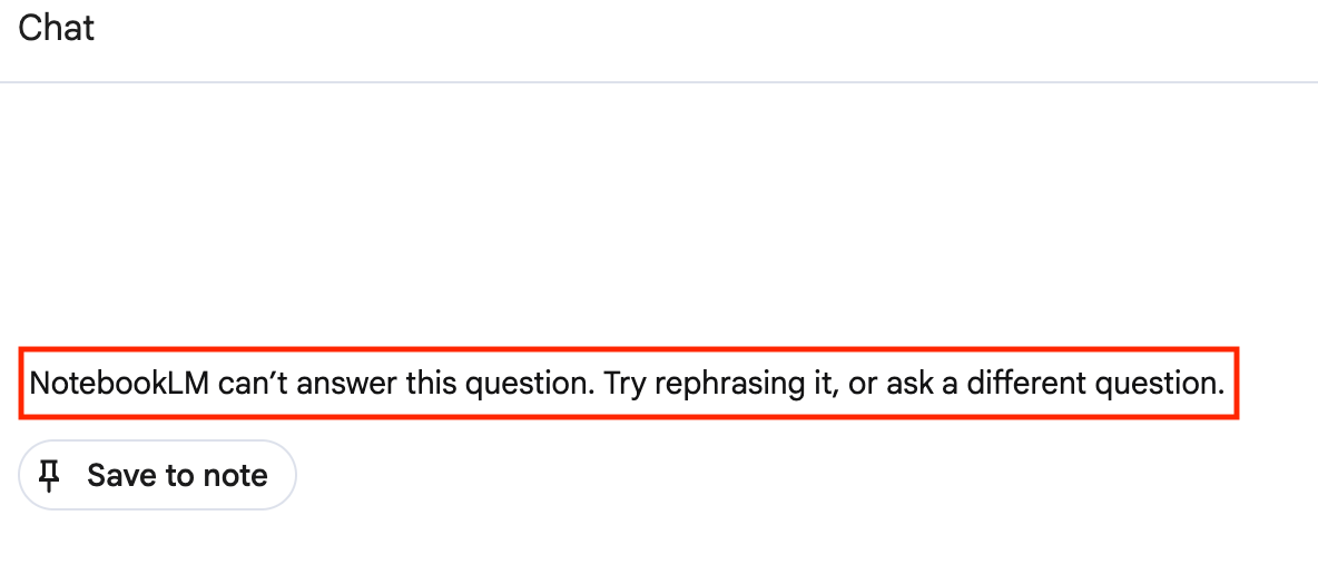Affiche le message qu'un utilisateur reçoit lorsqu'il enfreint le modèle Model Armor activé pour NotebookLM Enterprise.