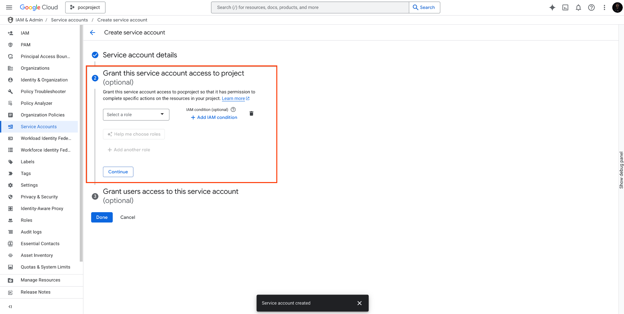 Mostra a seção &quot;Conceda acesso ao projeto para essa conta de serviço (opcional)&quot; que precisa ser ignorada.