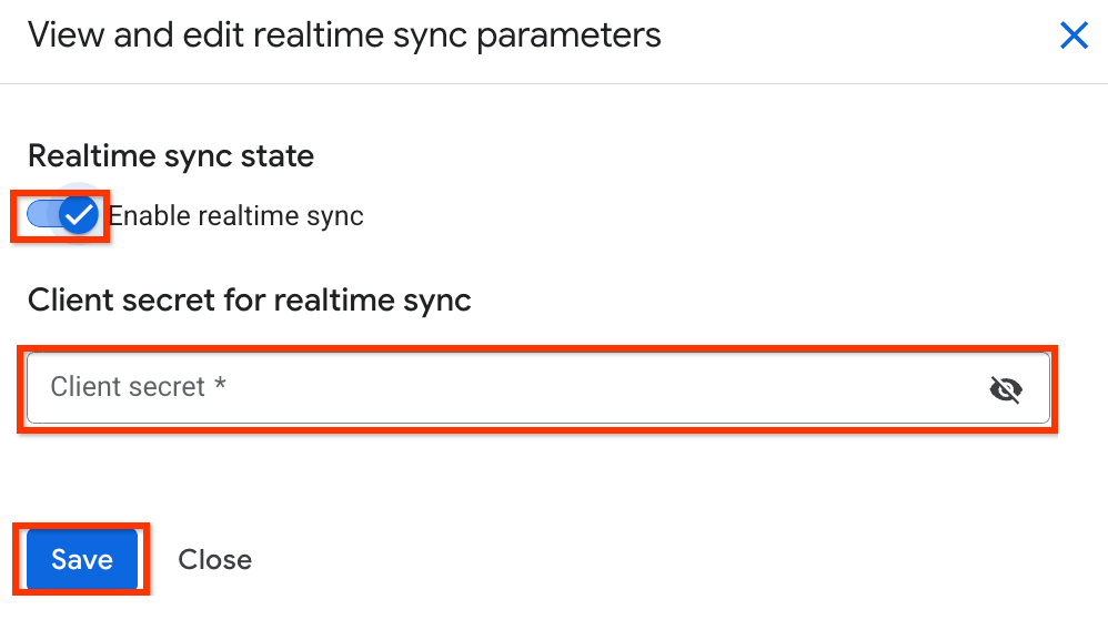 Ativar a sincronização em tempo real e fornecer uma chave secreta do cliente