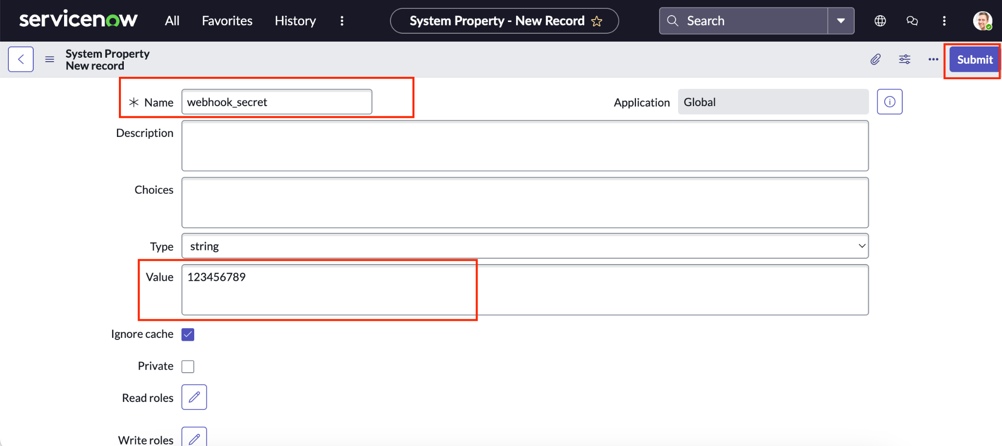 Fill out fields for the new system property