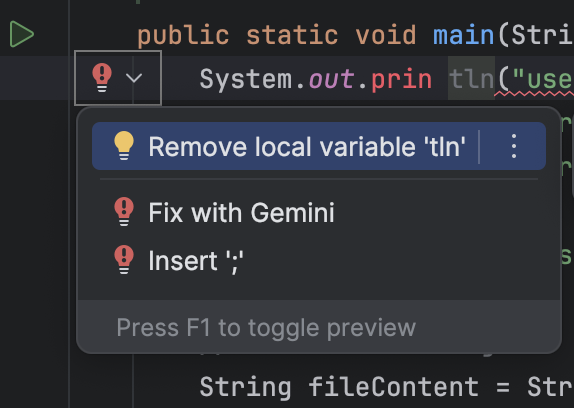 Code transformation option to fix with Gemini in the IDE.