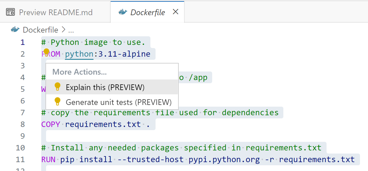 captura de pantalla del Dockerfile