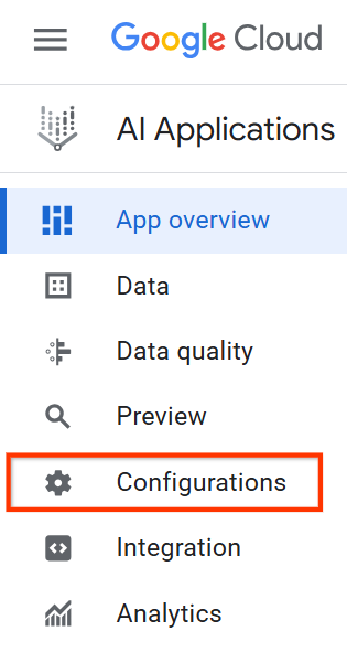 Menú de navegación en la consola con el elemento Configurations seleccionado