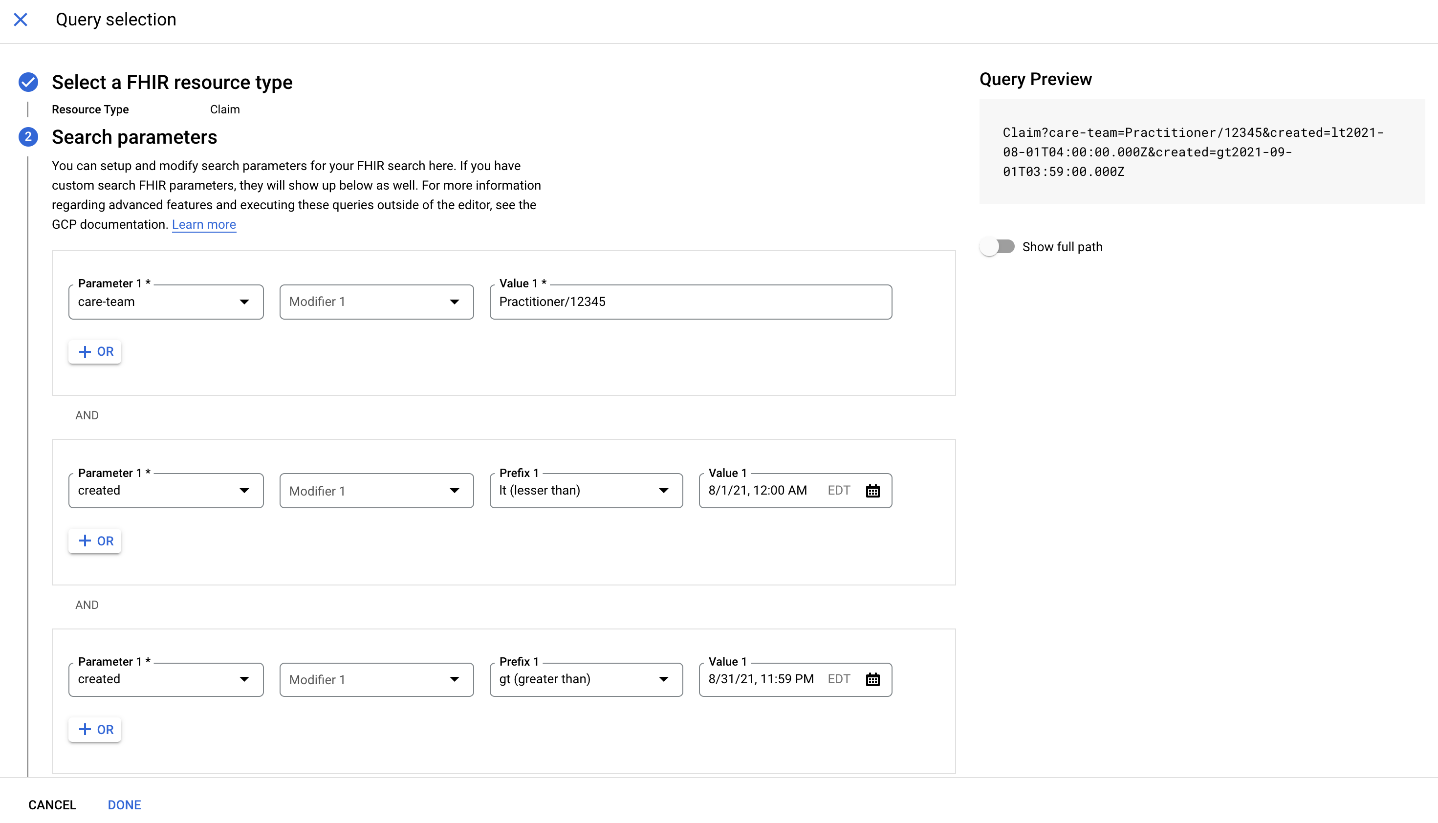 FHIR advanced search query