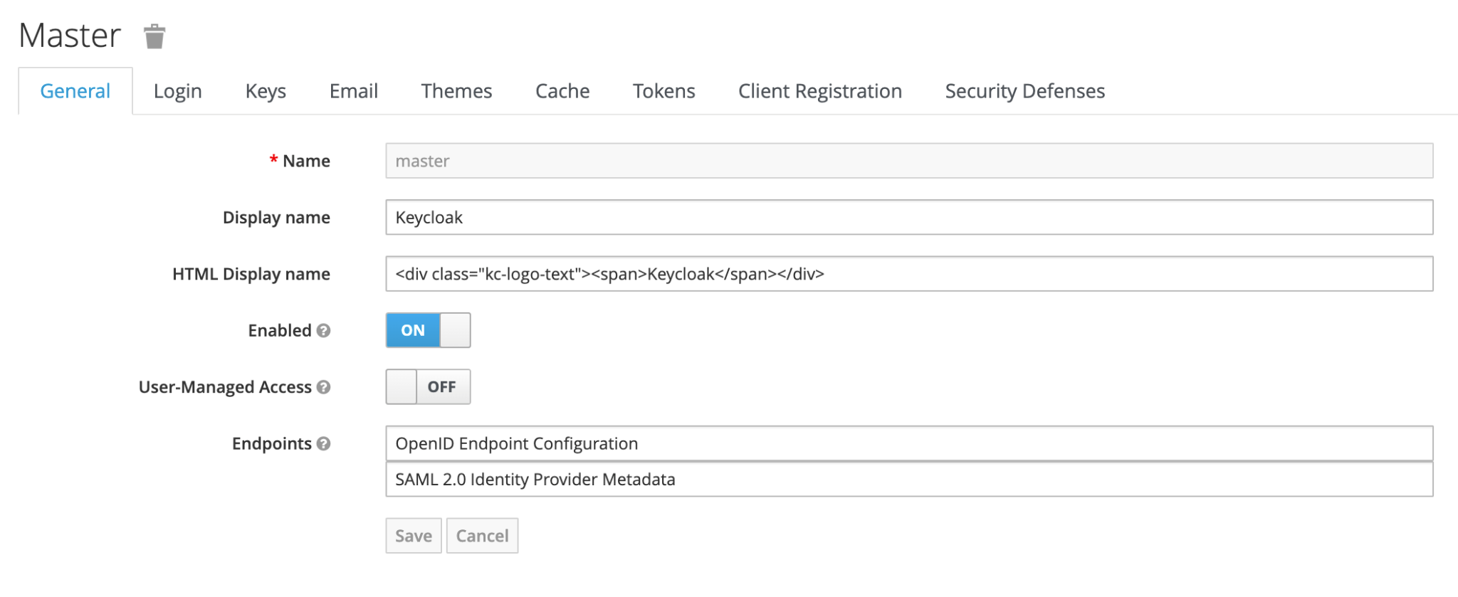 Keycloak general settings.