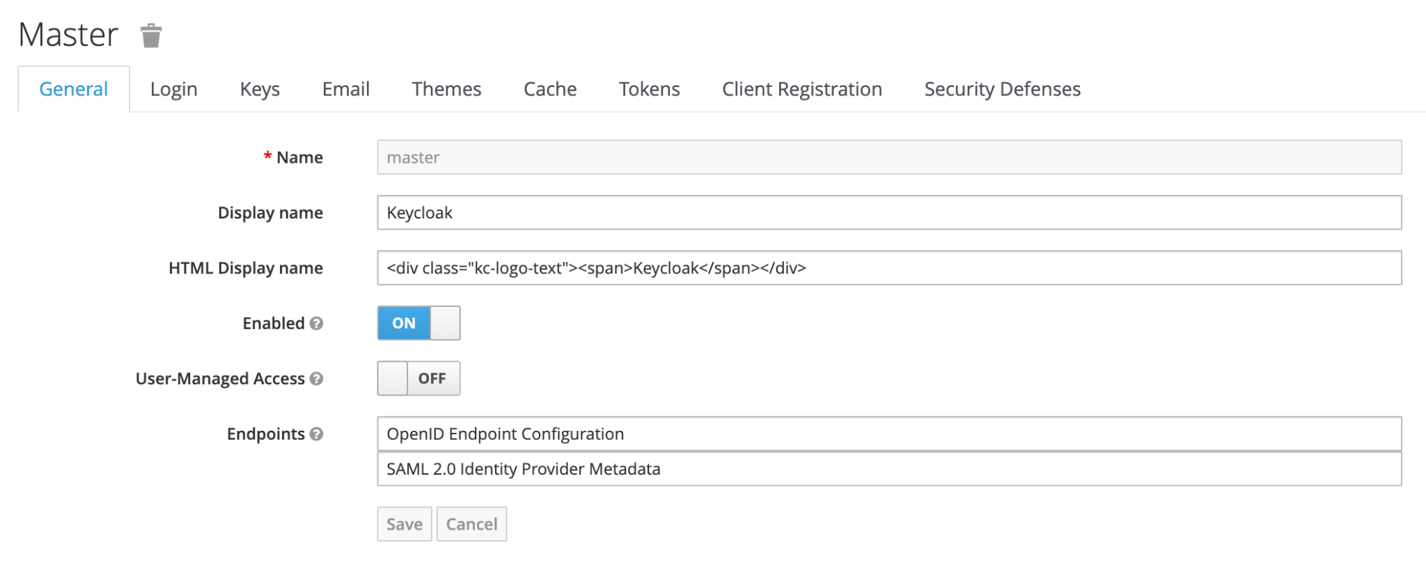 Configuración general de Keycloak.