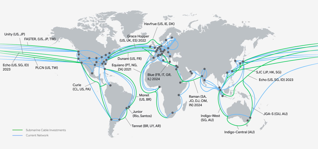 Mapa das conexões por cabo atuais e futuras