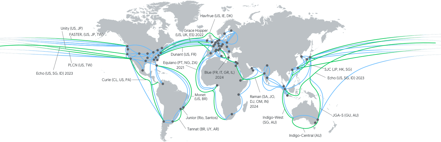 mapa das conexões por cabo atuais e futuras