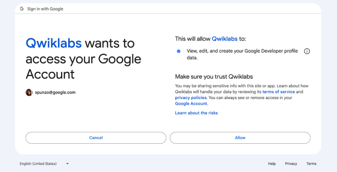 Qwiklabs 访问 Google 账号信息的图片